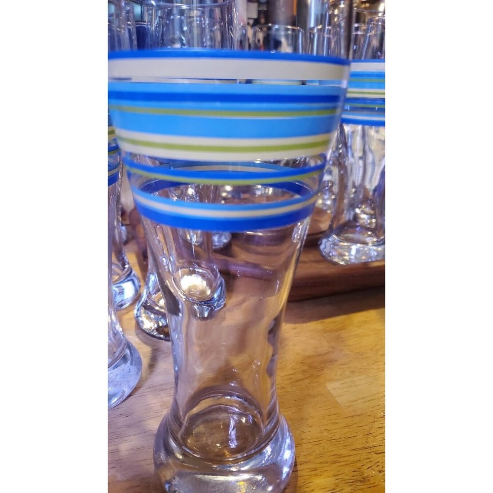 Pier 1 England Clear with Blue, Yellow Stripe Tall Glasses  9.25" tall
